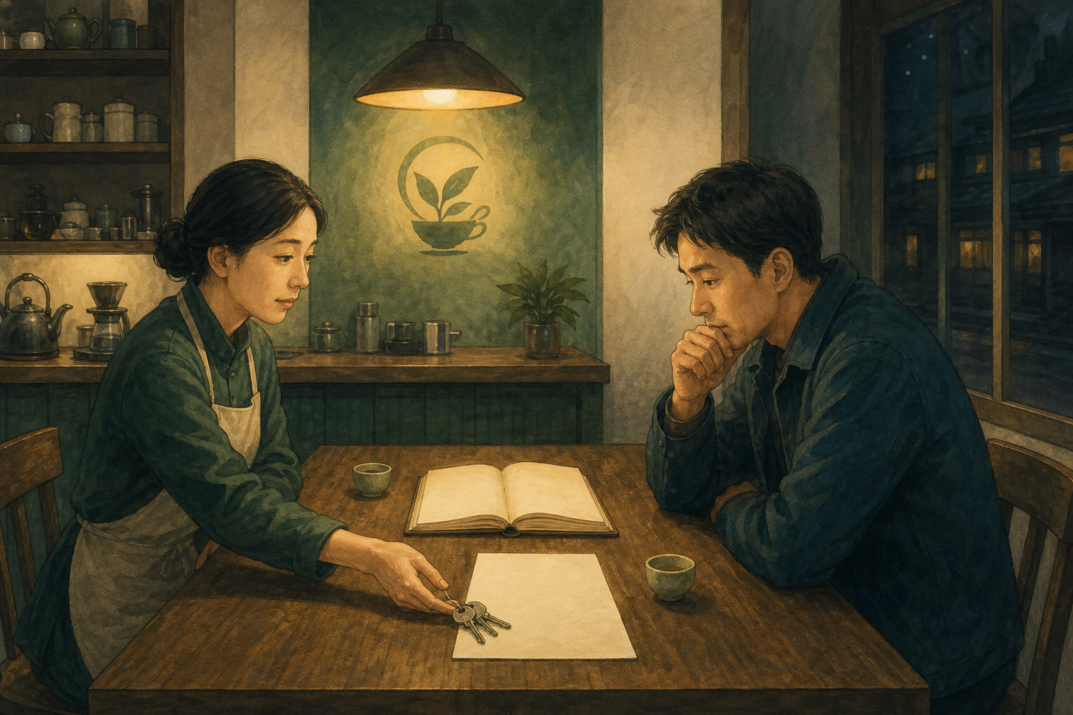打烊后的青禾茶铺里,老板把钥匙和空白报价纸推向潜在买家,桌上摊着尚未核实的账本