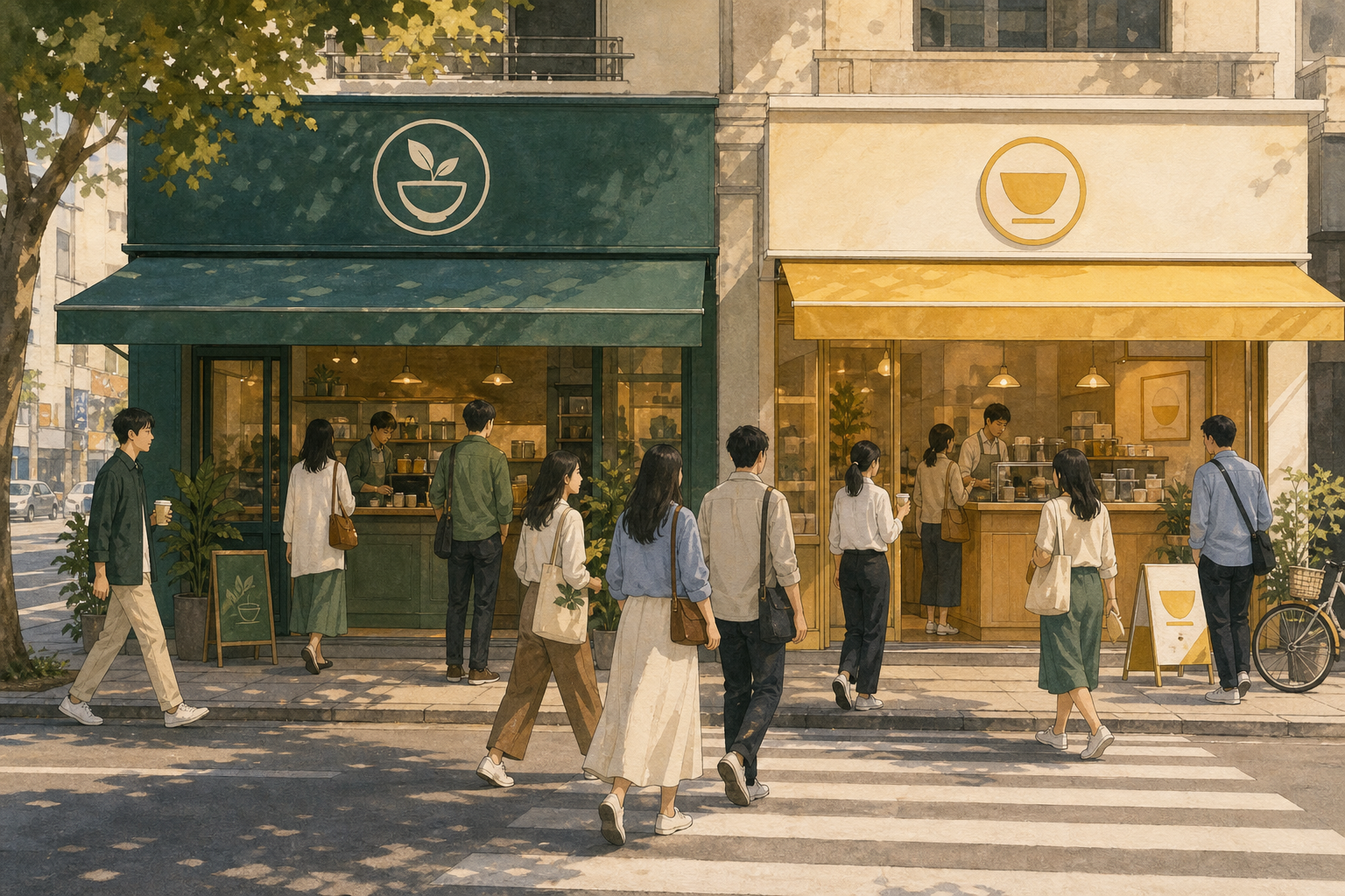 两家不同的茶饮店相邻营业，共同面对同一股街道人流，表现高利润吸引竞争者进入后的客流争夺